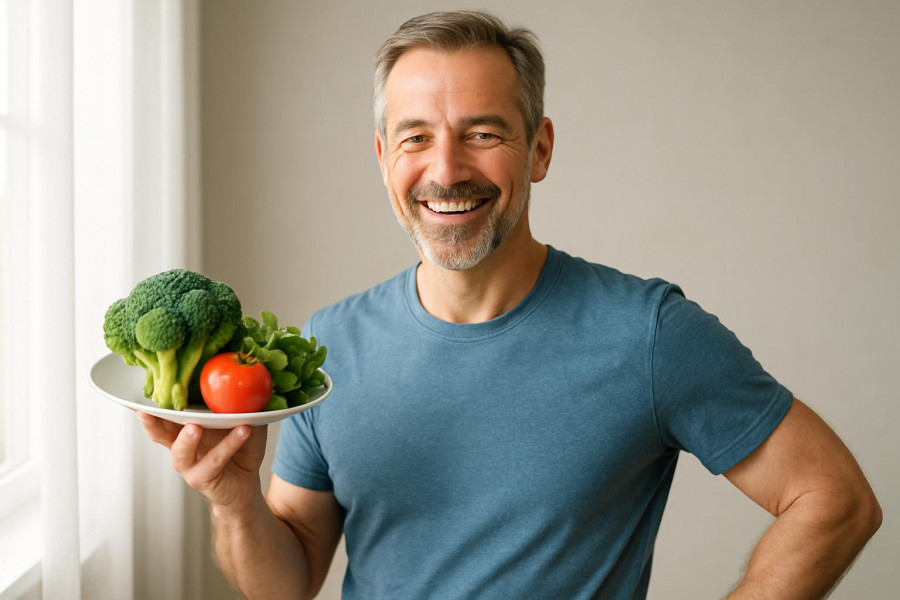 Confident middle-aged man smiling, showcasing fat loss strategies with healthy food.