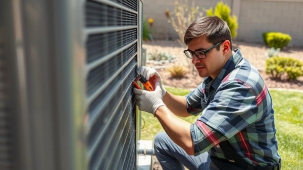 Technician conducts AC tune-up for spring preparation outdoors.