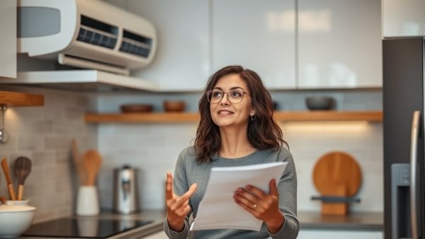 Confident woman discussing HVAC market trends in a modern kitchen.