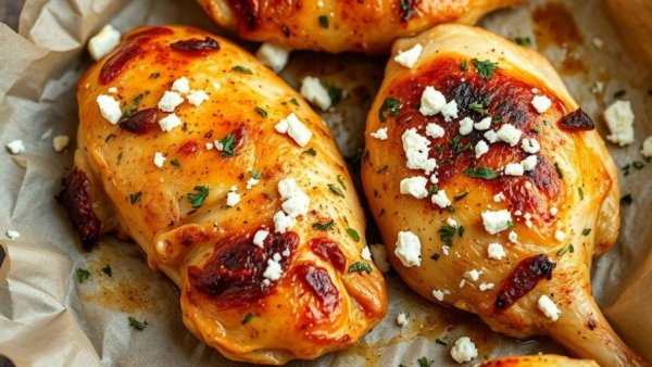 Hot Honey Feta Chicken freshly baked on parchment.