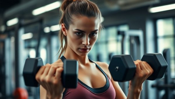 Woman demonstrating shoulder lifts in gym setting for exercises.