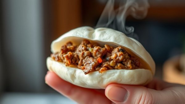 Close-up of a steamed bun filled with minced meat, showcasing JINYA Ramen Bar Japan Airlines in-flight offering.
