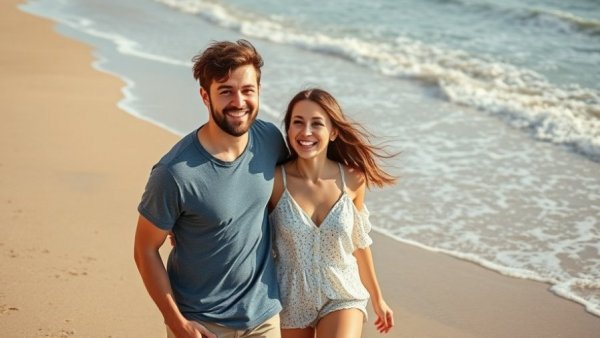Couple enjoying health benefits of walking daily on the beach.