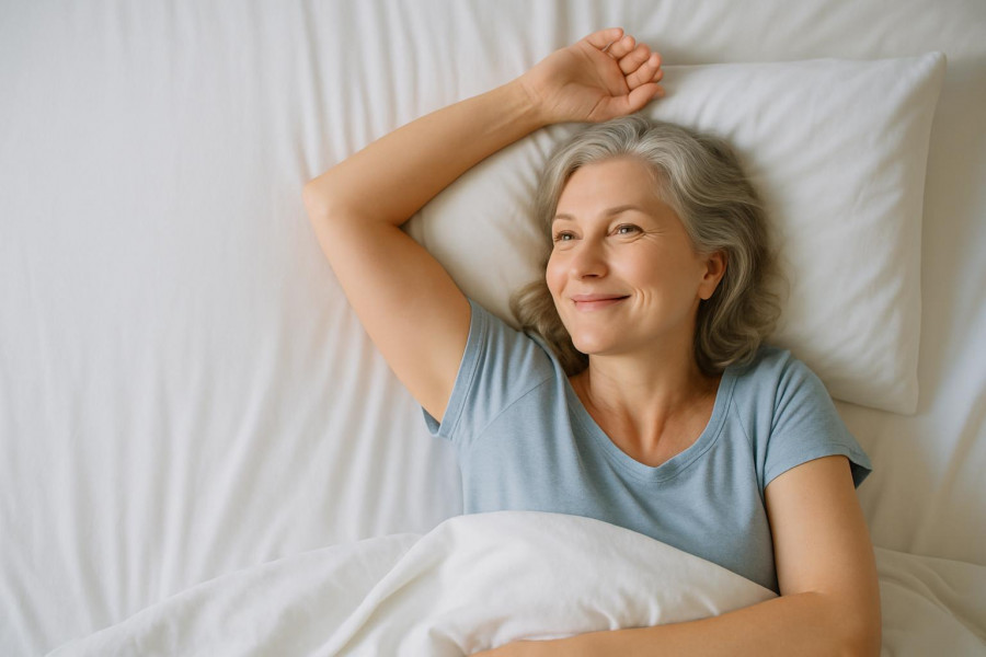 Middle-aged woman practicing gentle yoga for relaxation on a bed.