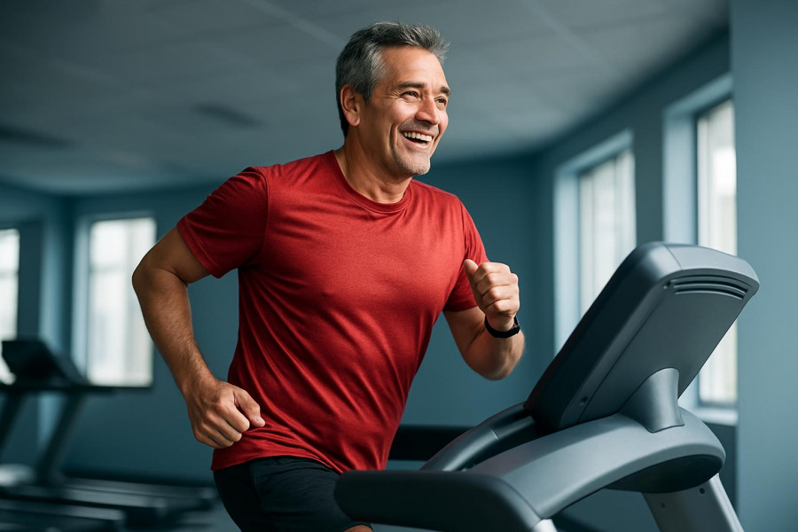 Middle-aged person jogging on treadmill, showcasing heart health exercises.