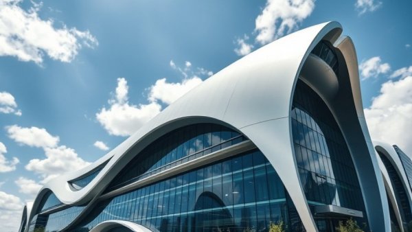 Futuristic building with striking curves and glass facade under blue sky, relating to SMACNA Chapters and HVAC Business Owners.
