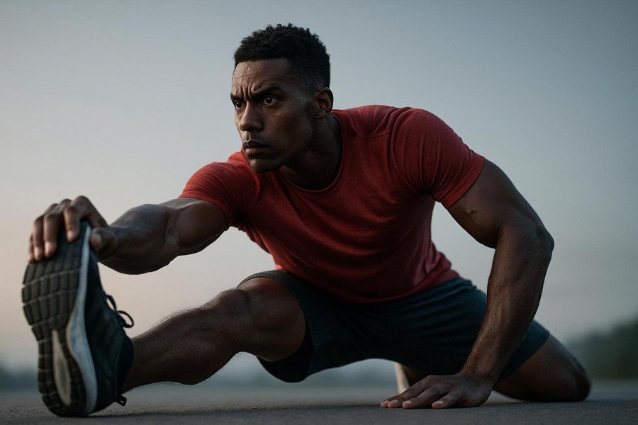 Determined endurance athlete stretching for performance recovery in early morning light.