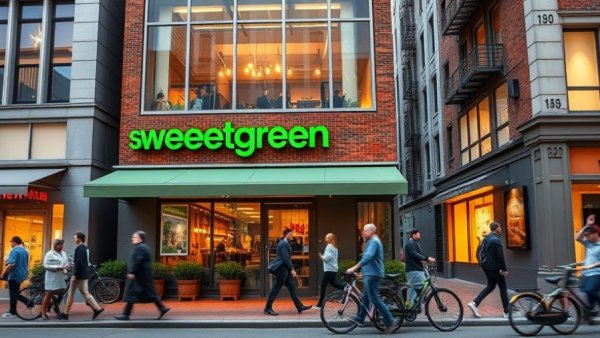 Sweetgreen storefront and street scene showcasing restaurant ambiance
