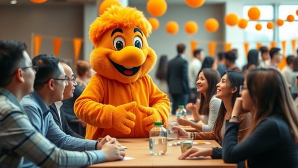 Peach Cobbler Factory Expansion: Lively mascot entertaining guests.