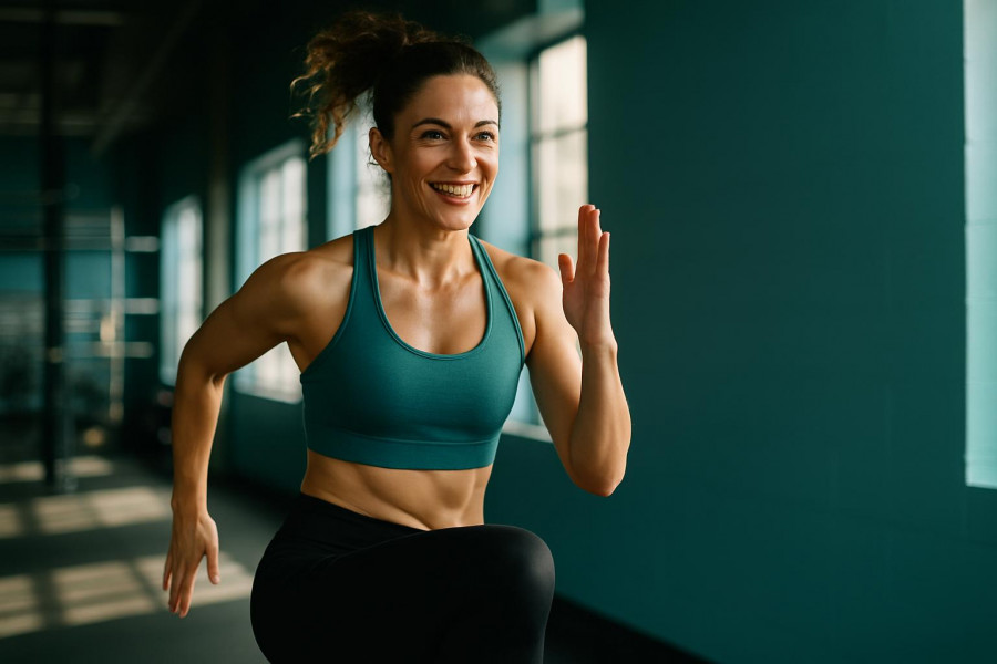 Energetic woman showcasing fitness program challenges in a vibrant gym.