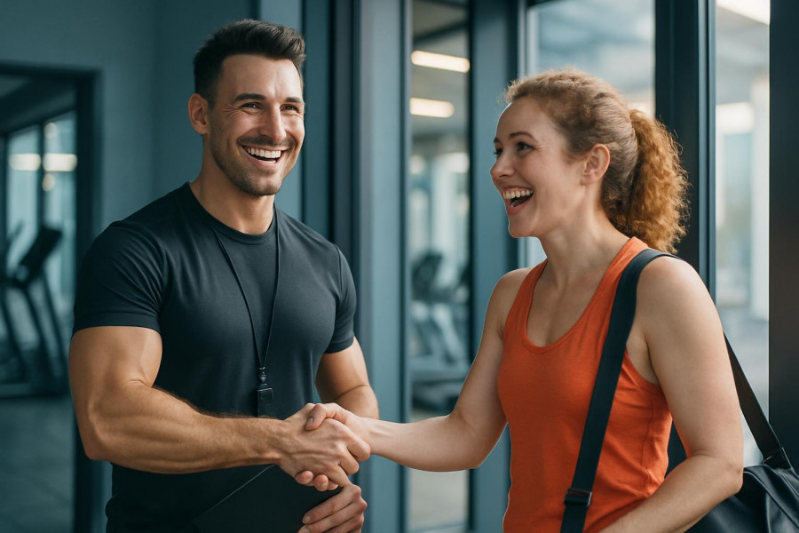 Confident personal trainer greeting a new client at modern gym, both smiling.