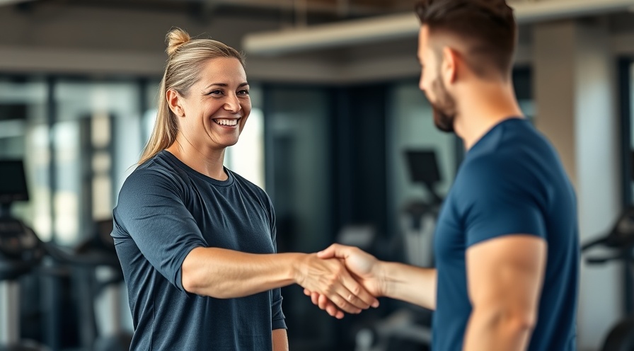 Smiling fitness trainer shaking hands with client, showcasing personal relationships in fitness.