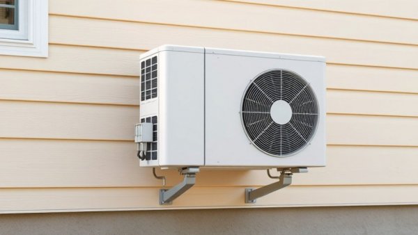 Modern HVAC unit by Airex Innovations on a beige house exterior.
