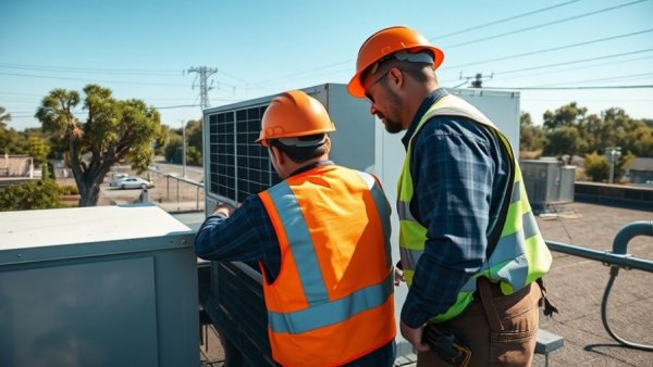 Technicians inspecting rooftop HVAC unit with focus on A2L refrigerants.