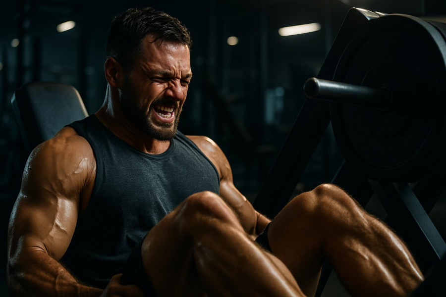 Determined athlete performing leg press for muscle growth in a modern gym.