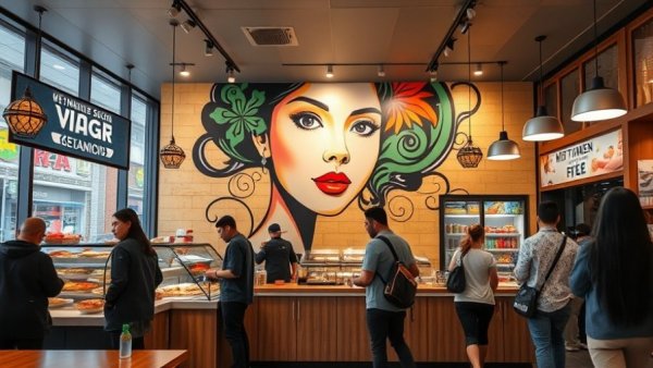 Modern Vietnamese sandwich shop showcasing banh mi expansion, vibrant wall art.