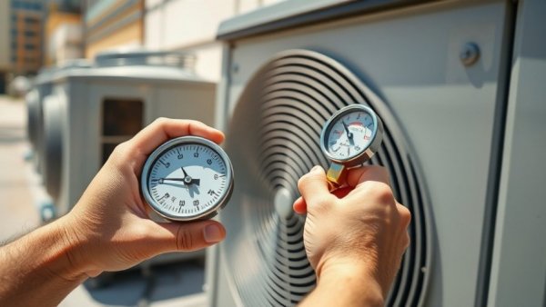 Technician checking HVAC unit with pressure gauges during midwinter.