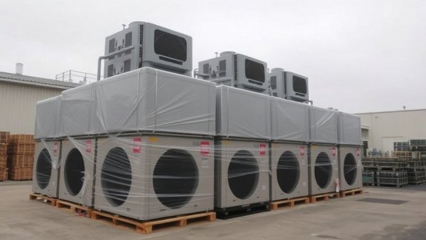 HVAC units in wooden crates and plastic wrapping for same-day availability.