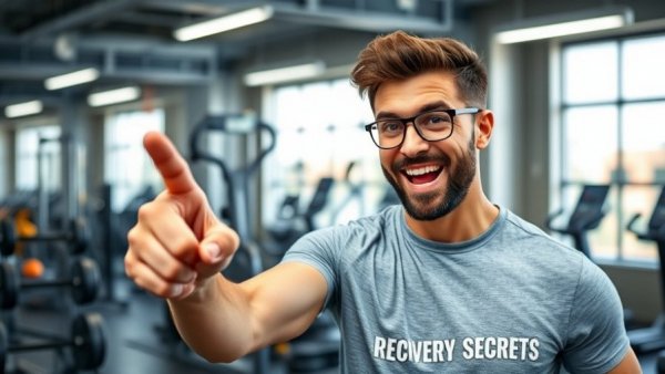 Man excitedly promoting recovery secrets in a gym, discussing natural vs enhanced recovery for lifters.