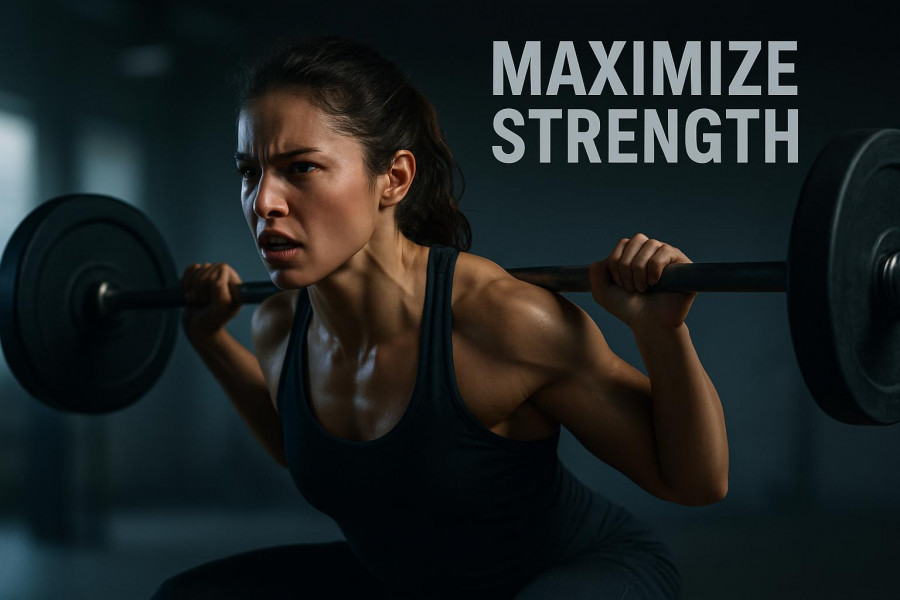 Athletic woman focused mid-squat, showcasing muscle growth in lower body workouts.