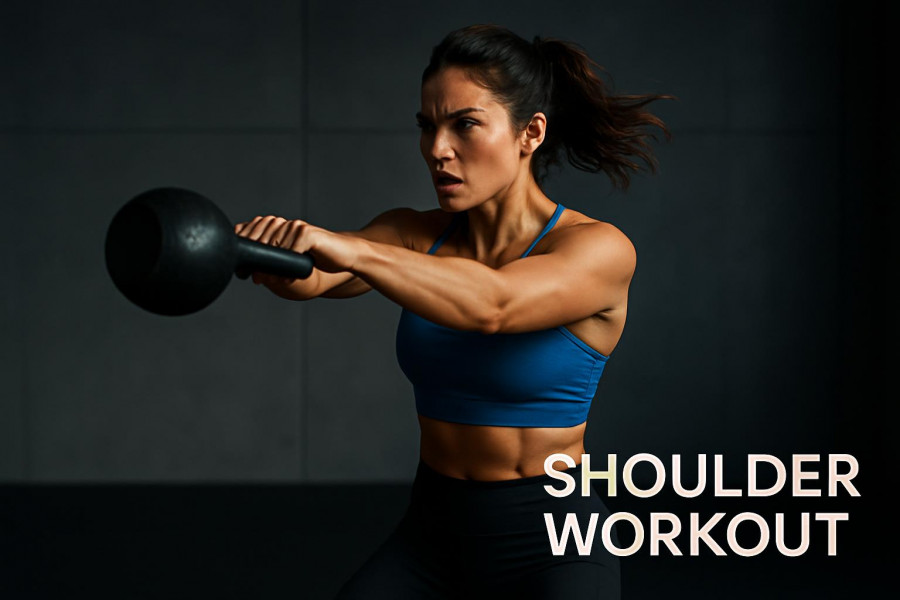 Fit woman mid kettlebell swing showcasing kettlebell workout benefits in a minimalist gym.