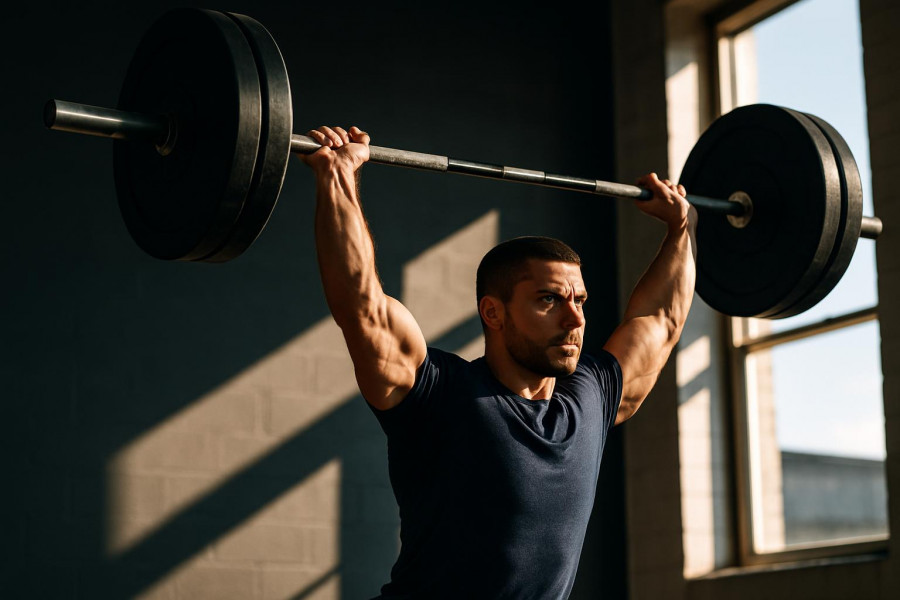 Determined athlete performing shoulder mass training with a heavy barbell.