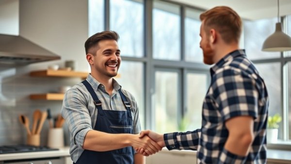 HVAC technician smiling and shaking hands in a modern kitchen setting.