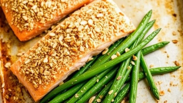 Sheet Pan Almond-Crusted Salmon With Green Beans