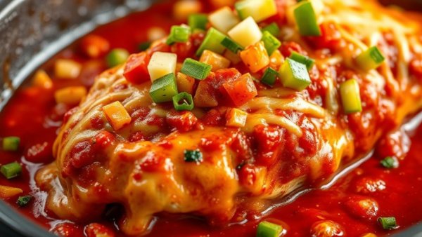 Baked salsa chicken topped with cheese and veggies.