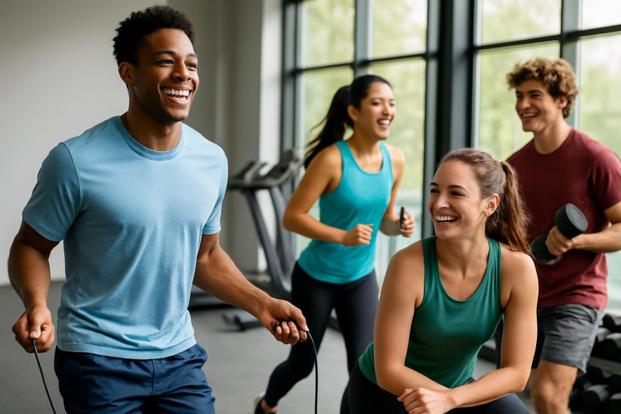 Diverse college students mid-workout, smiling in a bright gym, energetic atmosphere.