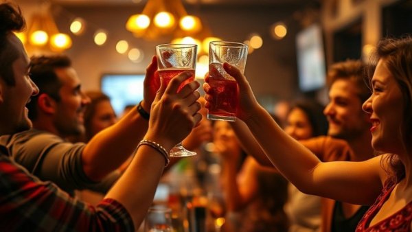 Friends celebrating together in a lively bar scene.