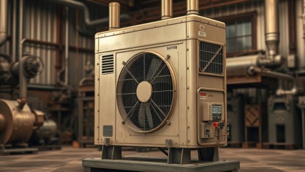 Vintage early residential air conditioning unit in a workshop setting.