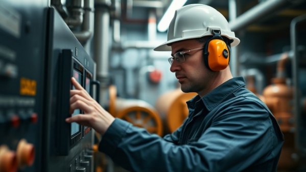 Technician operating boiler room control panel for staffing management.