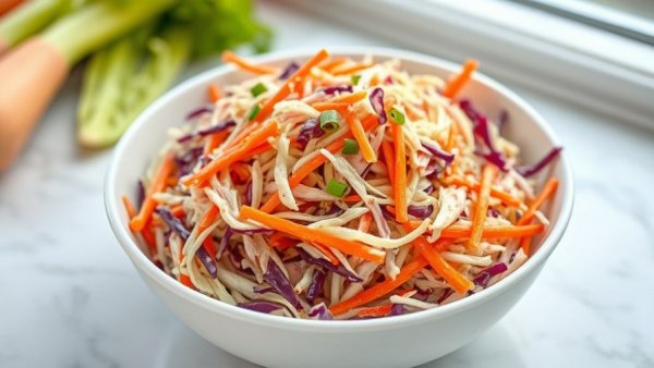 Healthy homemade coleslaw salad with carrots and cabbage in a bowl.