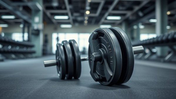 Close-up of weight plates in a commercial gym with exercise equipment in the background