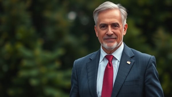 Middle-aged man in suit outdoors with blurred greenery, focused expression.