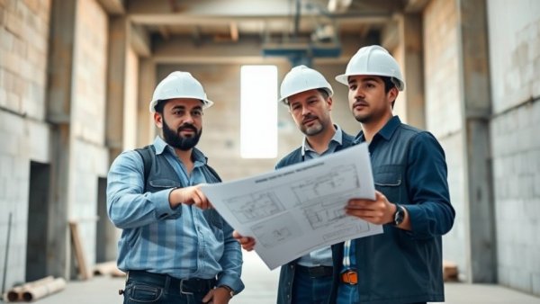 Construction workers discuss project details in an industrial setting.