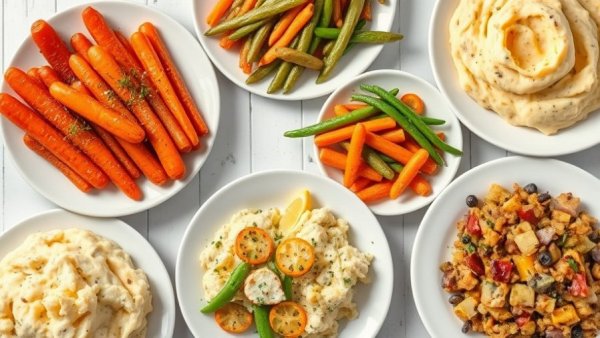 Colorful collage of healthy Easter side dishes.