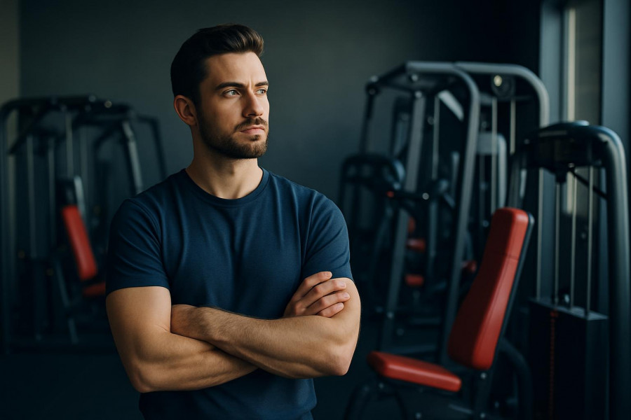 Confident gym owner evaluating fitness equipment, embodying a vibrant fitness community.