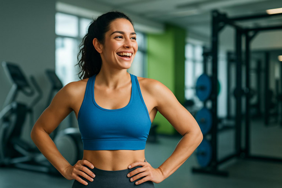 Confident woman enjoying the fitness membership benefits in a vibrant gym.