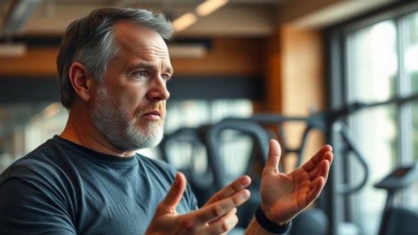 Middle-aged man discusses gym marketing strategies, engaging audience.