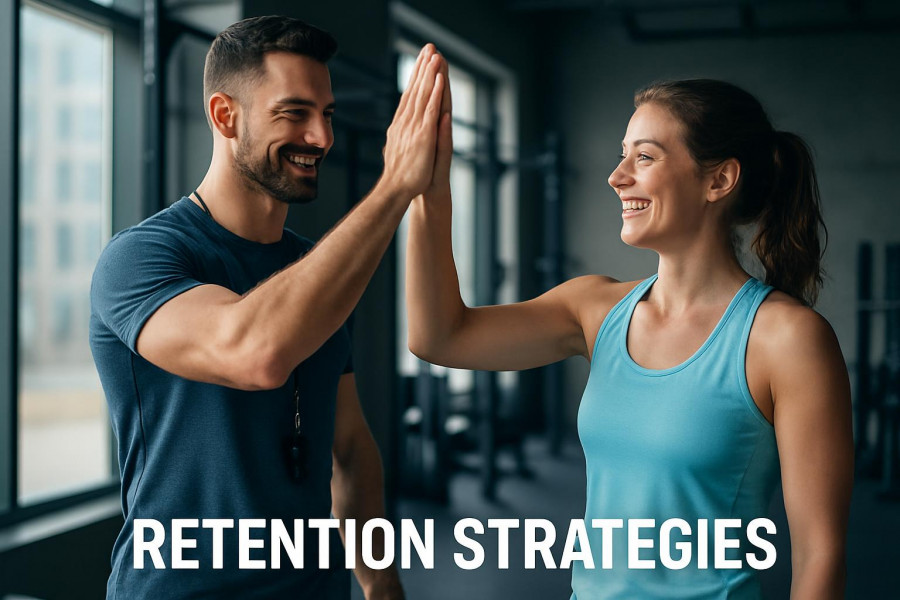 Confident gym trainer high-fiving a smiling member, showcasing gym member engagement.