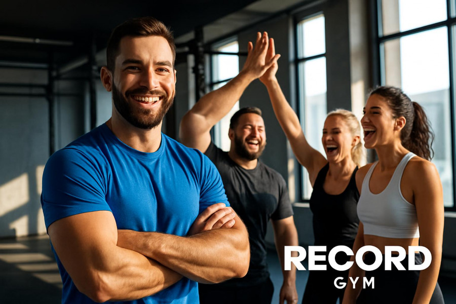 Confident gym owner and team high-fiving, celebrating fitness business growth.