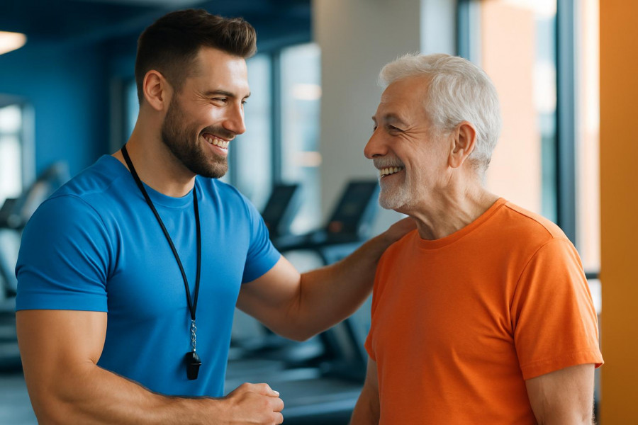 A confident fitness trainer smiles with a loyal member, showcasing gym retention strategies.
