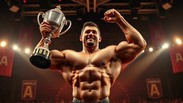 Muscular bodybuilder at Arnold Classic holding trophy on stage.