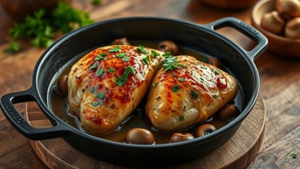 Stuffed Chicken Marsala Recipe in a skillet with mushrooms.