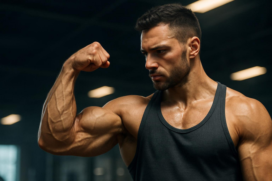 Focused man flexing arm in gym, showcasing muscle hypertrophy and determination.
