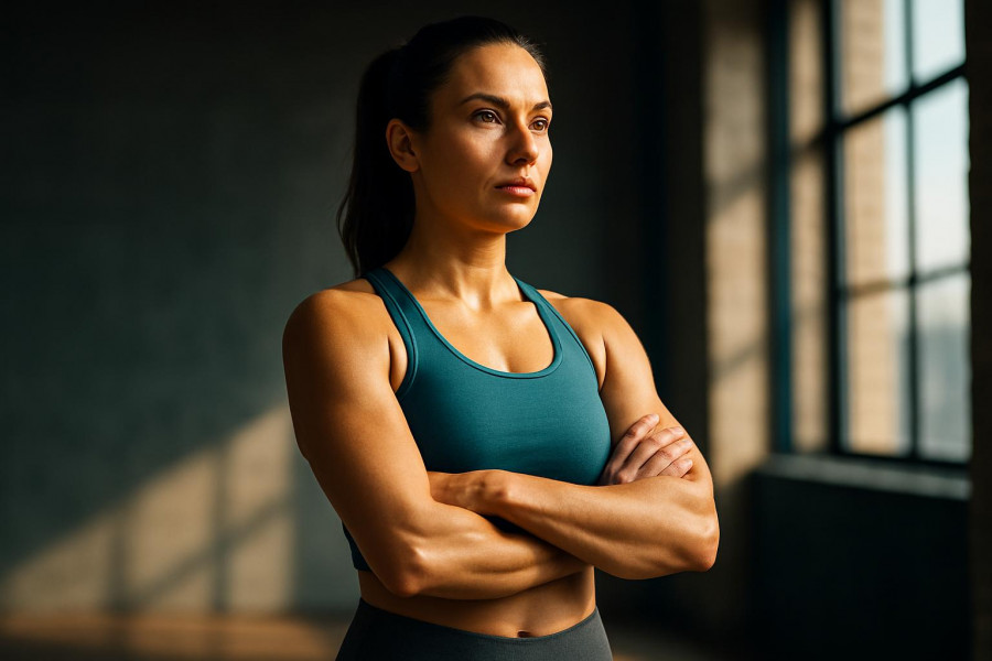 Confident fitness instructor embodies mentorship in fitness with focused determination.