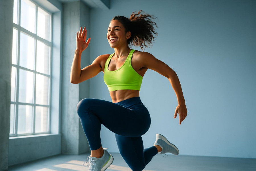 Energetic young woman mid-jump showcasing high-intensity workouts in a bright gym.