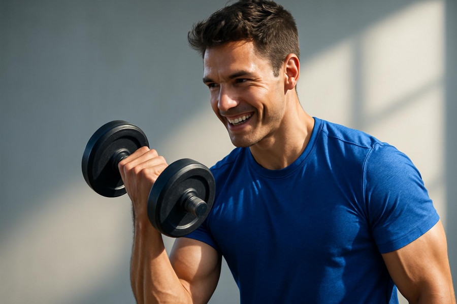 Energetic young adult lifting weights, showcasing effective workout for muscle building.